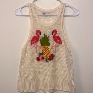 2/$15 S American Eagle Cream Crochet Pink Flamingo & Pineapple Sleeveless Top